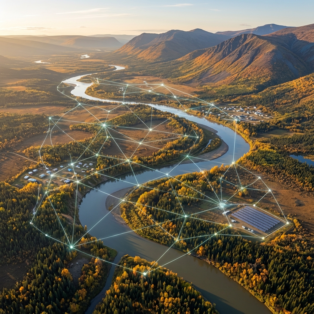 Aerial View of Mackenzie River Valley with Digital Grid